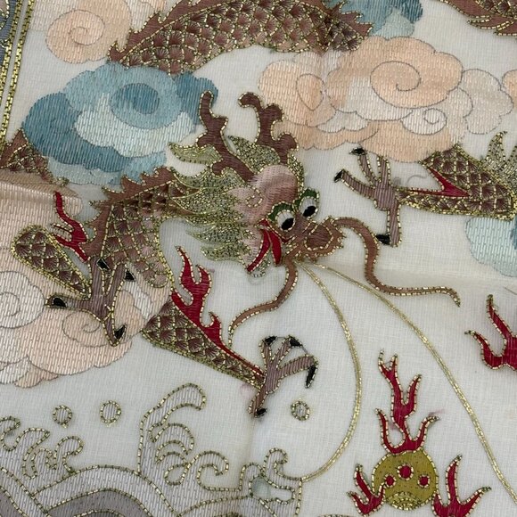 Asian-Inspired Embroidered Dragon Silk Pillow Cover With Blue Ruffled Edges - Picture 6 of 9